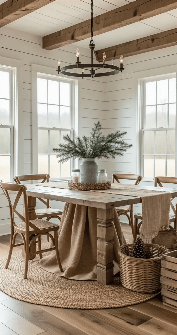 A cozy modern farmhouse dining room with a rustic burlap tree skirt beneath a noble fir, white shiplap walls, and exposed wooden beams, featuring a reclaimed wood table with mason jar centerpieces, galvanized ornaments, and Edison bulb lights, all bathed in soft morning light.