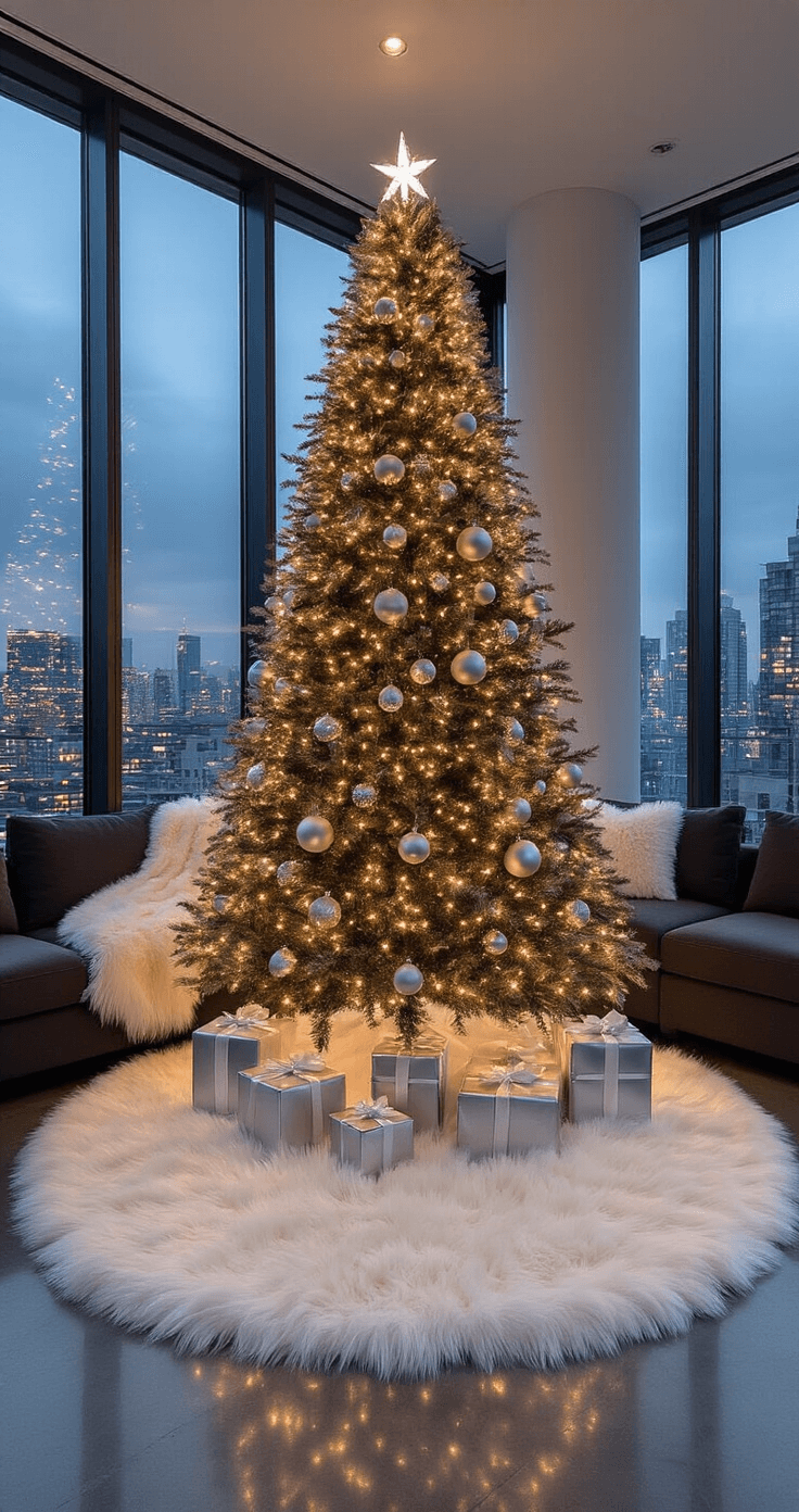 An elegant contemporary living room at twilight featuring a symmetrical 8-foot Nordmann fir adorned with silver and crystal ornaments, a plush white faux fur tree skirt, sleek charcoal sectional sofas, and floor-to-ceiling windows displaying city lights.