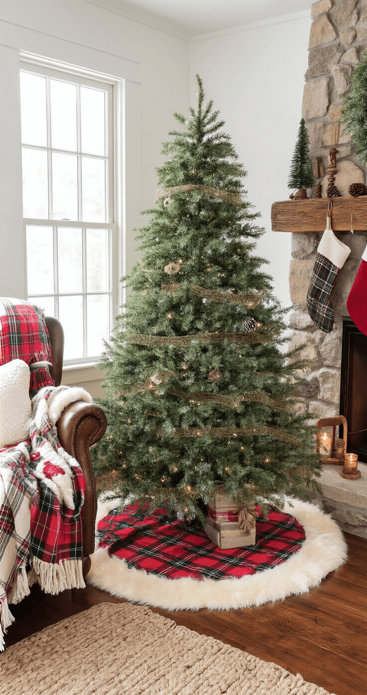 A cozy cottage living room adorned for Christmas, featuring a layered tree skirt of cream faux fur and red plaid beneath a 6-foot balsam fir, with traditional tartan ornaments and wooden decorations. A crackling stone fireplace with stockings on a rustic mantel, antique quilts on a leather armchair, braided rugs on pine floors, and mason jar candles enhance the warm, nostalgic atmosphere. The scene is captured from floor level, highlighting the textures and dramatic lighting.