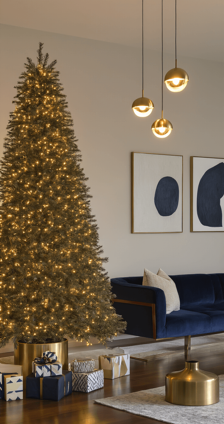 A sophisticated urban apartment living room at evening, featuring a slim 7-foot Fraser fir with a sleek metallic gold tree collar, illuminated by designer pendant lights and surrounded by mid-century modern furniture, large abstract paintings, and geometric-patterned gifts.