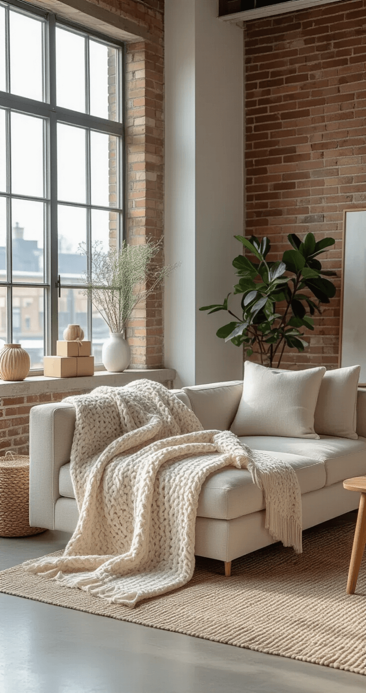 A stylish loft apartment with minimalist decor, featuring a cream wool blanket on a noble fir base, industrial exposed brick walls, light oak furniture, and natural elements, all illuminated by warm afternoon light.