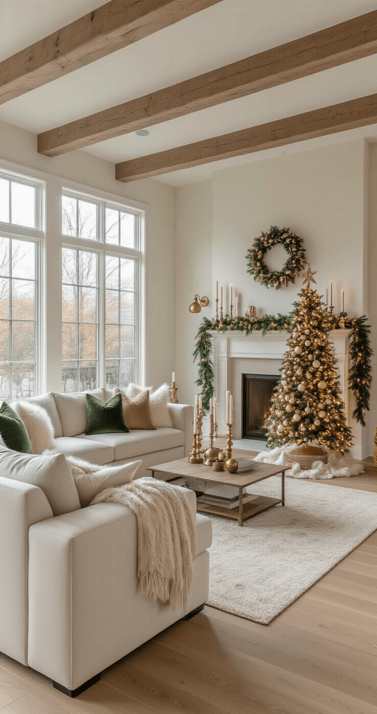 Professional interior photograph of a modern nostalgic living room during golden hour, featuring white oak hardwood floors, exposed wooden beams, a large sectional sofa, a vintage Christmas tree, and warm ambient light filtering through tall windows.