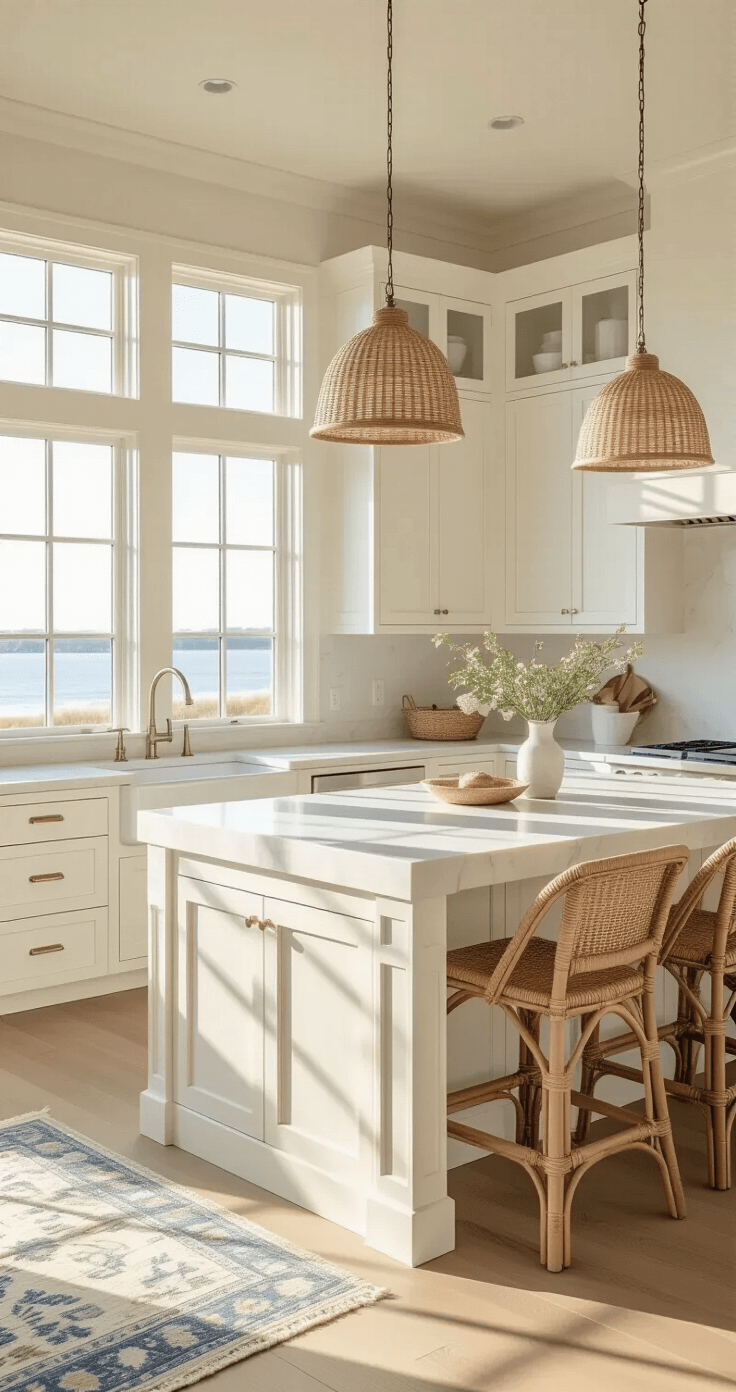 Coastal White Kitchen: Your Ultimate Guide to Breezy, Elegant Design A coastal white kitchen with shaker cabinets and a quartz waterfall island, illuminated by warm golden hour light streaming through bay windows, featuring rattan bar stools and sea grass pendant lights, in a palette of white, sand beige, and sea glass blue accents.