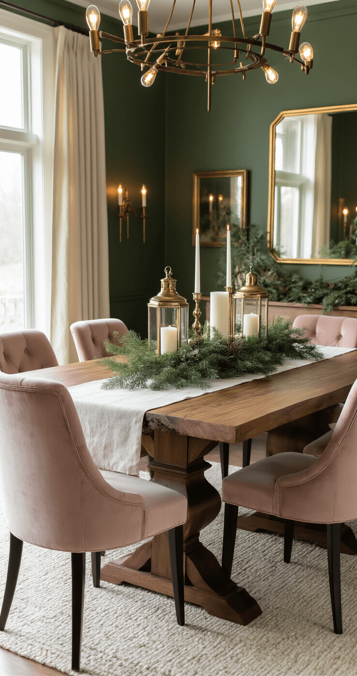 Sophisticated holiday dining room with moss green and brass color scheme, featuring a live-edge walnut table set for six, eucalyptus and linen runner, mixed-height centerpiece of brass lanterns and candles, blush velvet chairs, and deep sage walls with gold mirrors reflecting candlelight.