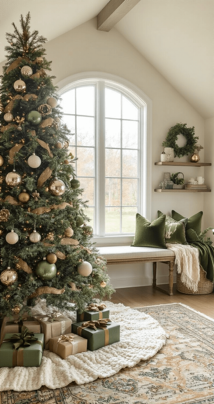 Textured Christmas tree styling corner with a 7-foot Fraser fir decorated in oversized glass and food-themed ornaments, surrounded by a luxurious cream bouclé tree skirt and wrapped gifts, illuminated by morning light through a large picture window, featuring a vintage brass plant stand and layered Persian rug.