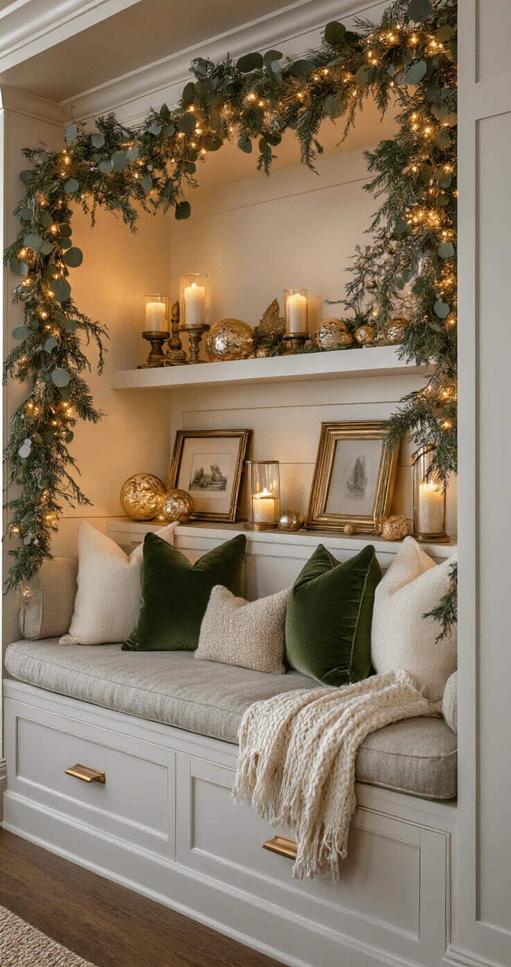 A cozy holiday vignette featuring a built-in reading nook with warm wood tones, adorned with a garland of eucalyptus and pine, vintage brass picture frames, pillar candles, and clusters of oversized glass baubles, illuminated by warm LED string lights and table lamps, creating an intimate and inviting atmosphere.