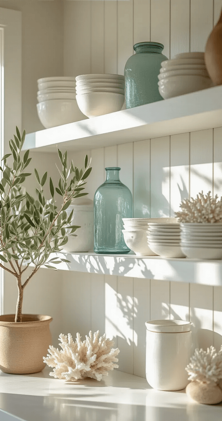 Coastal White Kitchen: Your Ultimate Guide to Breezy, Elegant Design A macro shot of a coastal kitchen's open shelving featuring white ironstone, sea glass vessels, and coral against shiplap walls, illuminated by afternoon light, with a potted olive tree adding organic movement.