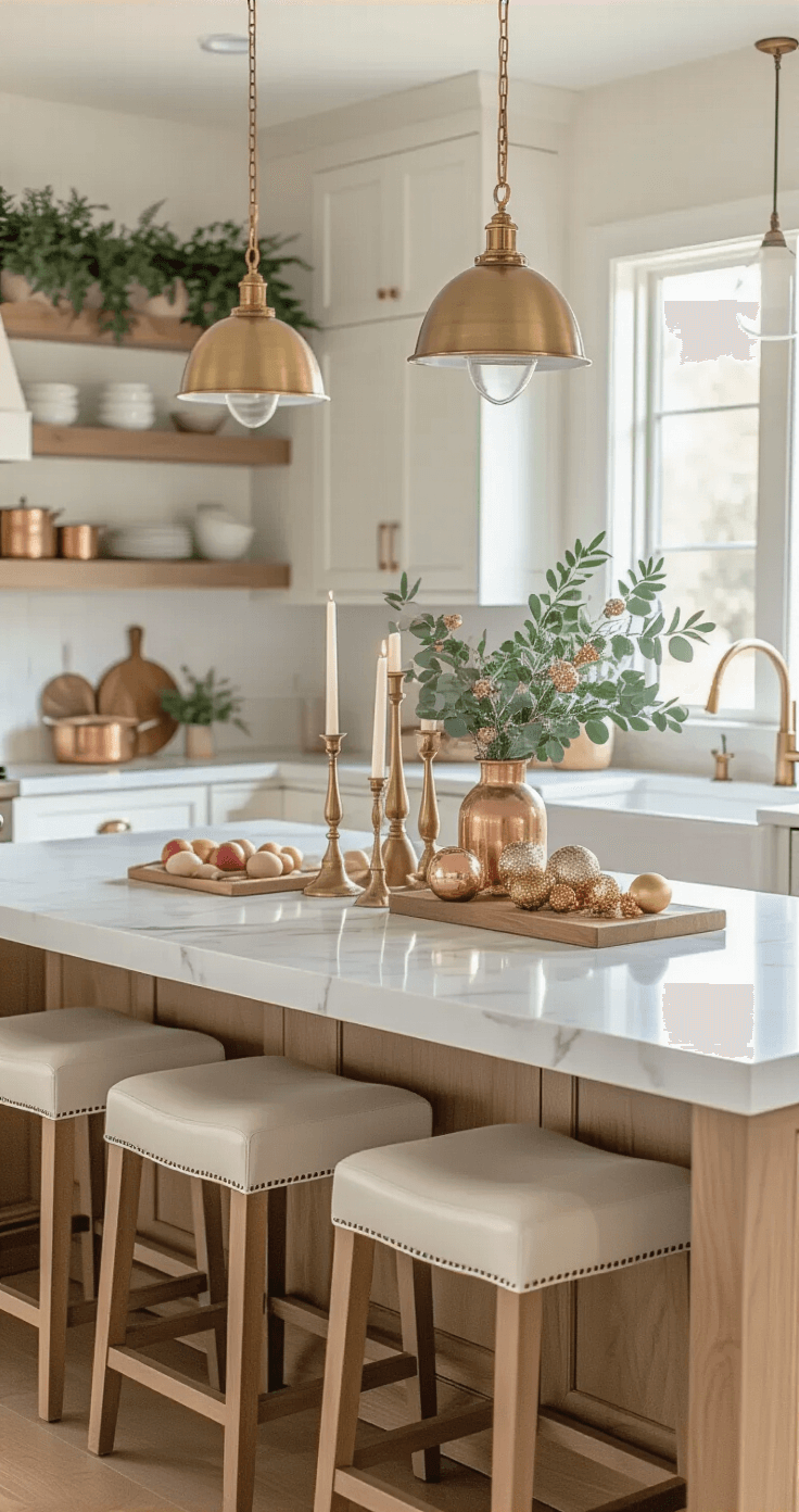 A professionally styled modern kitchen featuring a spacious island with brass candlesticks, eucalyptus, and glass ornaments, illuminated by morning light. The open-concept space showcases white marble countertops and warm oak cabinetry, with cream leather bar stools, seasonal fruit displays, and subtle holiday accents.