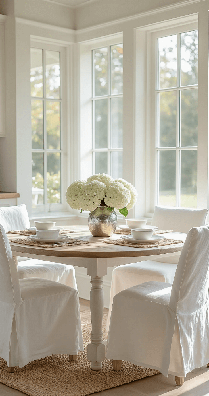 Coastal White Kitchen: Your Ultimate Guide to Breezy, Elegant Design An atmospheric coastal kitchen breakfast area with a whitewashed oak table and white linen slip-covered chairs, illuminated by morning light through a large window. A centerpiece of white hydrangeas in a mercury glass vase sits on the table, surrounded by seagrass placemats, all captured in soft focus for a dreamy ambiance.