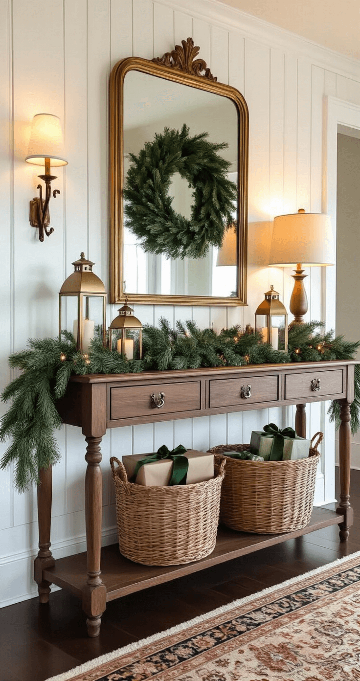 Cinematic interior shot of a beautifully styled foyer featuring a vintage console table with layered holiday decorations, a statement mirror, warm afternoon light, and a welcoming atmosphere with rich textures in a nostalgic color palette.