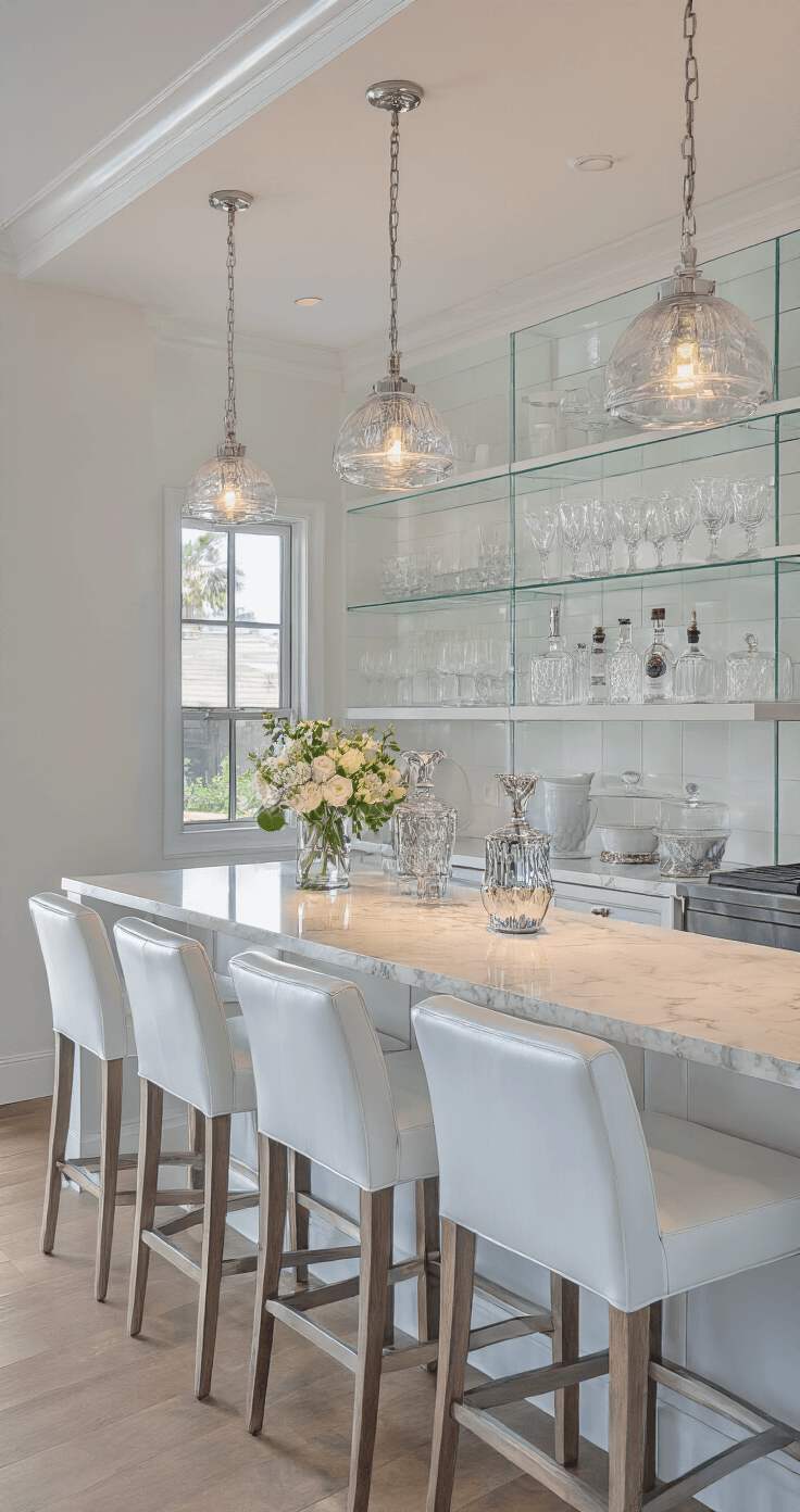 Coastal White Kitchen: Your Ultimate Guide to Breezy, Elegant Design A twilight coastal kitchen entertaining space featuring a white marble bar with ghosted white leather barstools, illuminated by track lighting. Glass shelving displays crystal decanters and coastal glassware, while polished nickel fixtures reflect warm light in a palette of white, silver, and pale blue-grays.