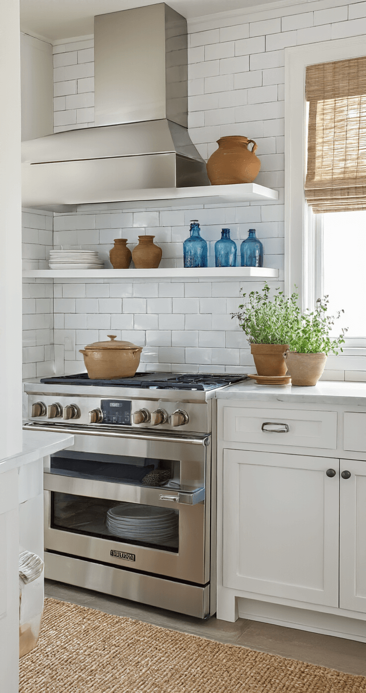 Coastal White Kitchen: Your Ultimate Guide to Breezy, Elegant Design A bright coastal kitchen corner featuring white subway tiles with pale gray grout, a professional-grade range with a stainless steel hood, open shelving with earthenware crocks and vintage blue glass bottles, and a potted herb for a pop of color, all illuminated by natural midday light and softened by a natural fiber roman shade.