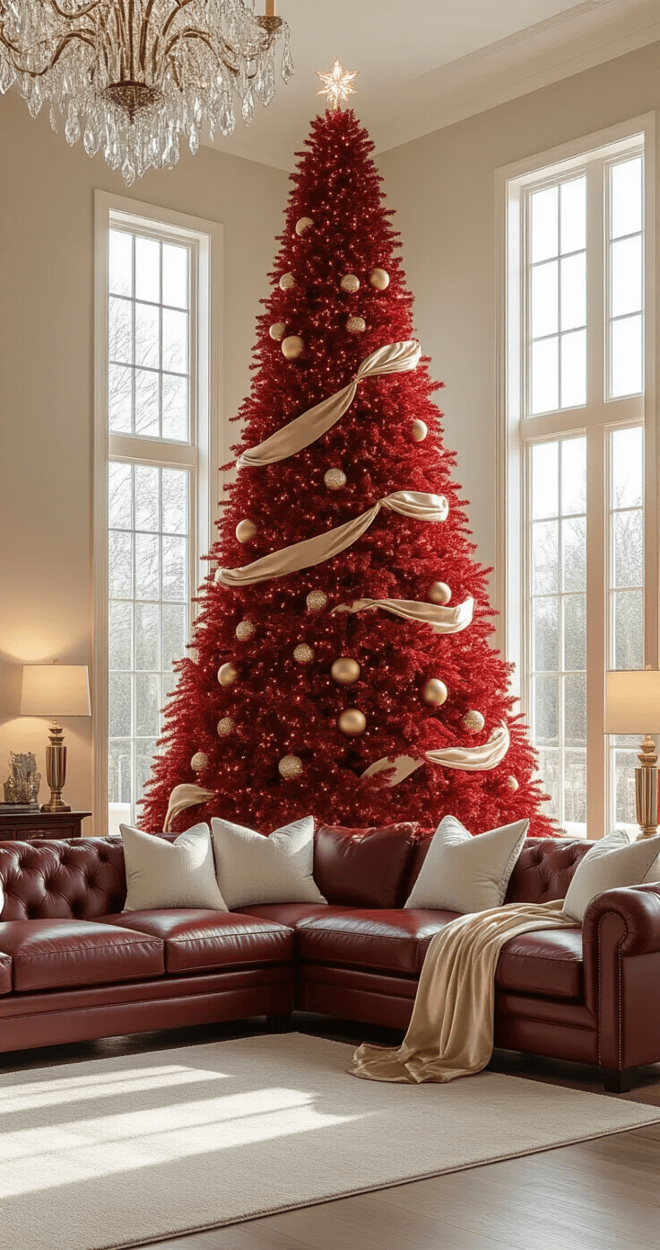 Photorealistic interior of a spacious living room featuring an 8-foot red artificial Christmas tree with gold ornaments, set against beige walls, a burgundy leather sectional sofa, and warm morning light illuminating cream hardwood floors.