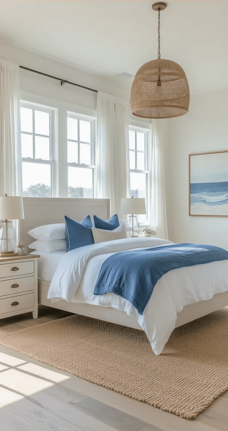 Create Your Dream Coastal Bedroom in Blue: A Tranquil Seaside Sanctuary A serene coastal master bedroom with a king-size bed in layered whites and blues, sun-drenched from large bay windows, featuring weathered white oak flooring, a natural jute rug, and coastal artwork, all bathed in soft early morning light.
