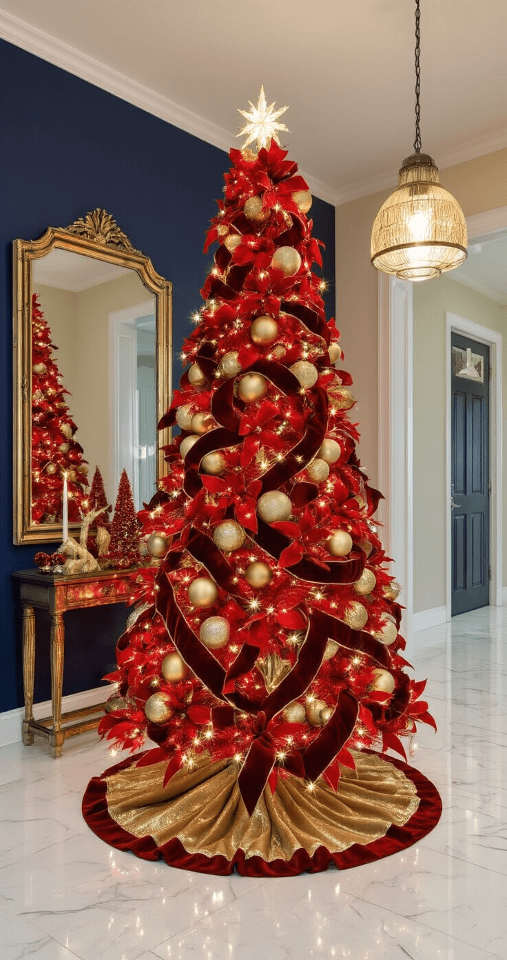 A dramatic entryway featuring a 7-foot pre-lit red Christmas tree adorned with gold ornaments and burgundy velvet ribbons, complemented by warm LED lighting, polished marble flooring, a modern console table with red and gold holiday accessories, and a tall mirror reflecting the tree's sparkle against a rich navy accent wall.