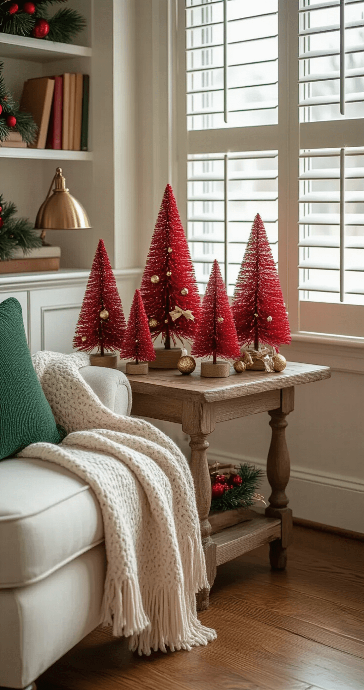 Close-up of a cozy corner featuring a rustic side table with an arrangement of miniature red Christmas trees, decorated with gold ornaments and ribbons, alongside an oversized cream armchair with a green throw blanket. Afternoon light filters through white plantation shutters, illuminating the warm oak flooring and a vintage brass lamp nearby. A built-in bookshelf displays holiday accessories in the background.