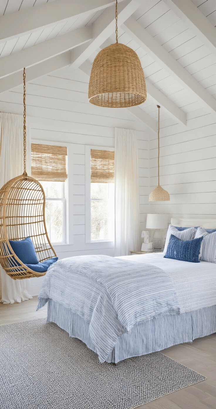 Create Your Dream Coastal Bedroom in Blue: A Tranquil Seaside Sanctuary Compact beachside guest room with vaulted ceiling, whitewashed shiplap walls, queen bed in coastal blue and white, rattan hanging chair, and ambient woven pendant light. Soft twilight glow through gossamer curtains creates a cozy atmosphere.