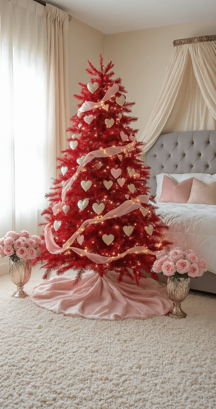 A romantic Valentine's Day transformation in an elegant bedroom featuring a beautifully decorated red tree with pink and gold heart ornaments, fairy lights, and blush ribbons, surrounded by soft twilight lighting, plush cream carpeting, and luxurious gray king bed with rose gold accents and fresh pink roses in crystal vases.