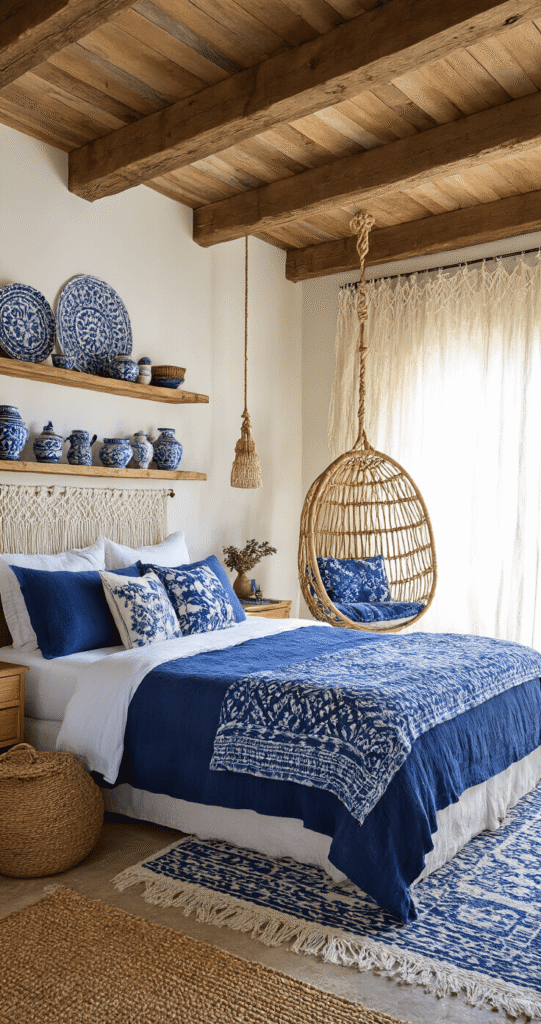 Home A cozy bohemian beach bedroom featuring a queen bed with indigo-dyed bedding and vintage quilts, surrounded by macramé curtains and an exposed beam ceiling, complemented by a hanging rattan chair and blue mudcloth cushions, all illuminated by diffused afternoon light.