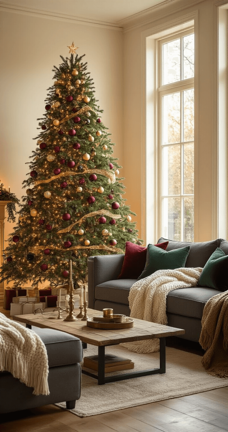 A cozy living room featuring a magnificent 7-foot artificial Christmas tree adorned with glass ornaments and fairy lights, basking in warm golden hour sunlight that illuminates cream-colored walls, with a plush charcoal gray sectional sofa and rustic wooden coffee table accentuating the festive ambiance.