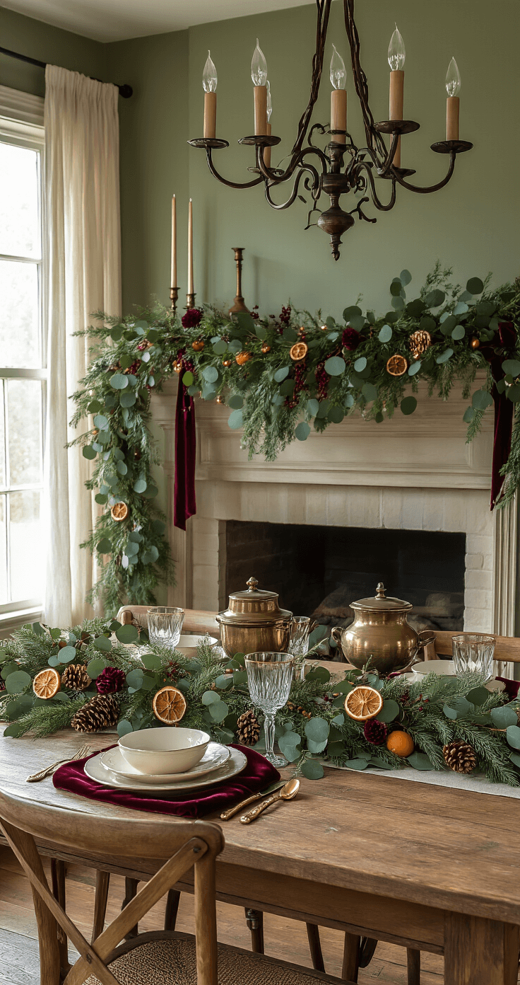 Intimate dining room scene with festive garlands on a farmhouse mantel, illuminated by late afternoon light. A rustic oak table features vintage brass pieces and cream dinnerware, against warm sage walls. Wrought iron chandelier casts shadows, while pinecones, dried orange slices, and beads add detail to the garland.