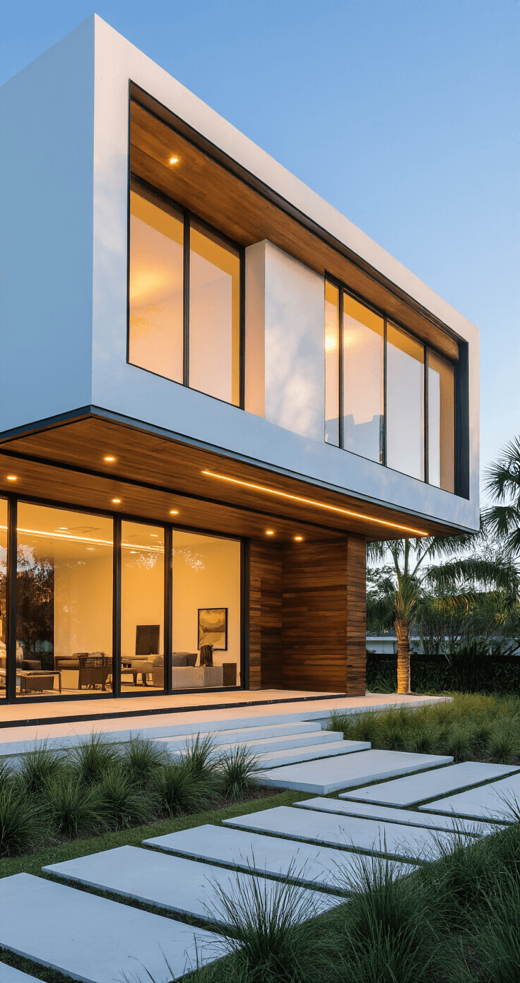 Modern Florida Home Exterior: A Stunning Design Guide for 2025 A contemporary Florida home at golden hour, showcasing a single-story structure with geometric angles, flat roof, and floor-to-ceiling windows reflecting amber sunlight. The facade features smooth white stucco, dark metal accents, and teak wood panels, surrounded by minimal landscaping and angular concrete pathways. Integrated LED strips illuminate the home’s architecture, captured from a ground-level perspective with an ultra-wide lens.