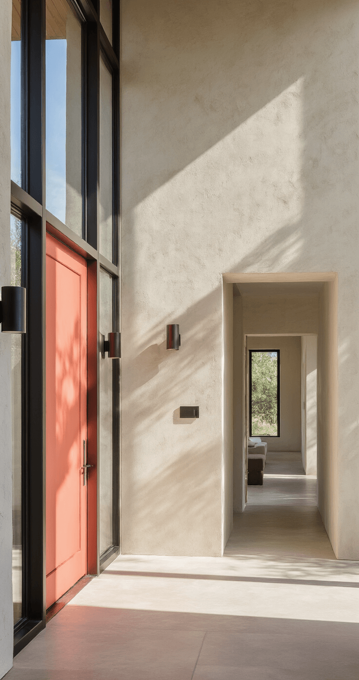 Modern Florida Home Exterior: A Stunning Design Guide for 2025 A modern home entryway showcasing brushed steel, floor-to-ceiling glass, and textured stucco, illuminated by midday natural light that creates dramatic shadows. A coral-colored door (#FF6B6B) serves as a striking accent against a neutral palette, framed by modern sconces, with emphasis on material textures and high-contrast lighting.