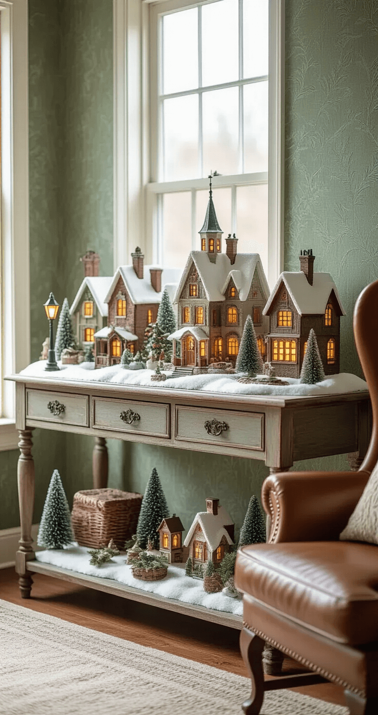 A vintage Christmas village display on a weathered wooden console table, showcasing miniature snow-covered houses and warm LED windows, set against muted forest green wallpaper. A cozy cognac brown leather wingback chair sits nearby, with artificial snow and tiny evergreen trees enhancing the scene, all bathed in soft morning light.