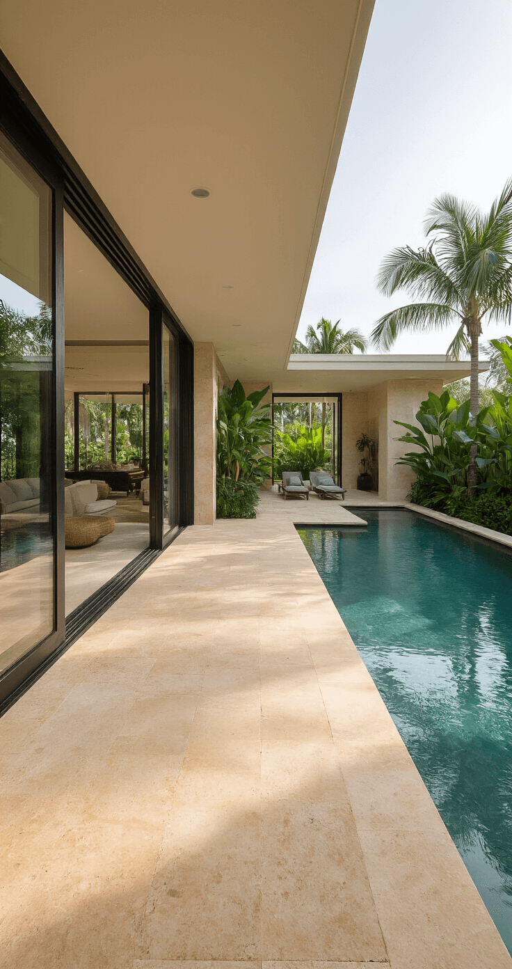 Modern Florida Home Exterior: A Stunning Design Guide for 2025 A poolside view highlighting indoor-outdoor integration with large sliding glass walls, an infinity pool, and pale beige stone decking, complemented by tropical plants for privacy, captured at water level with an ultra-wide lens.