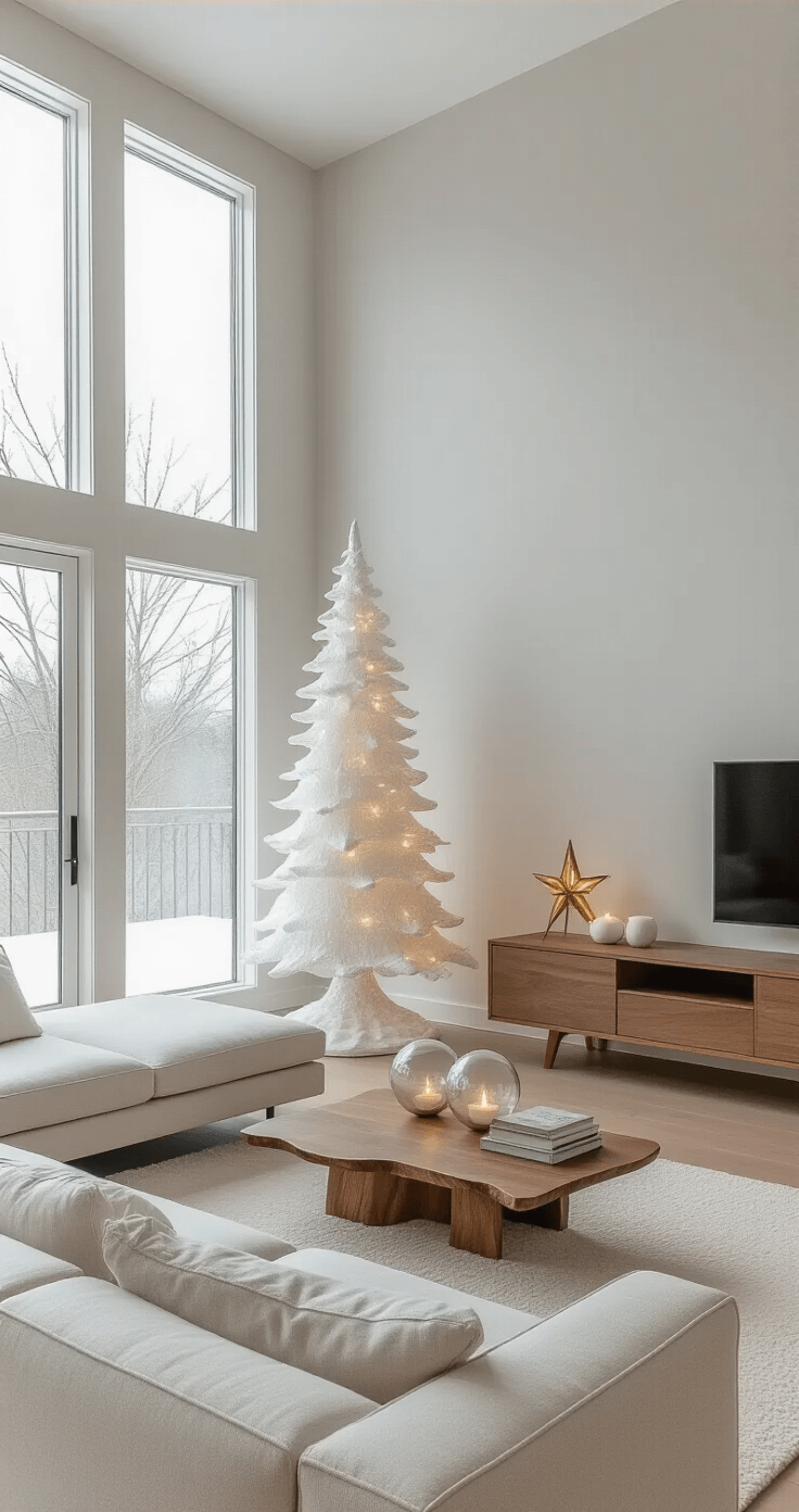 A modern minimalist living space featuring a sculptural white ceramic tree on a walnut media console, surrounded by glass orbs and a brass star, with an oatmeal linen sectional and live-edge coffee table, illuminated by natural daylight through floor-to-ceiling windows.