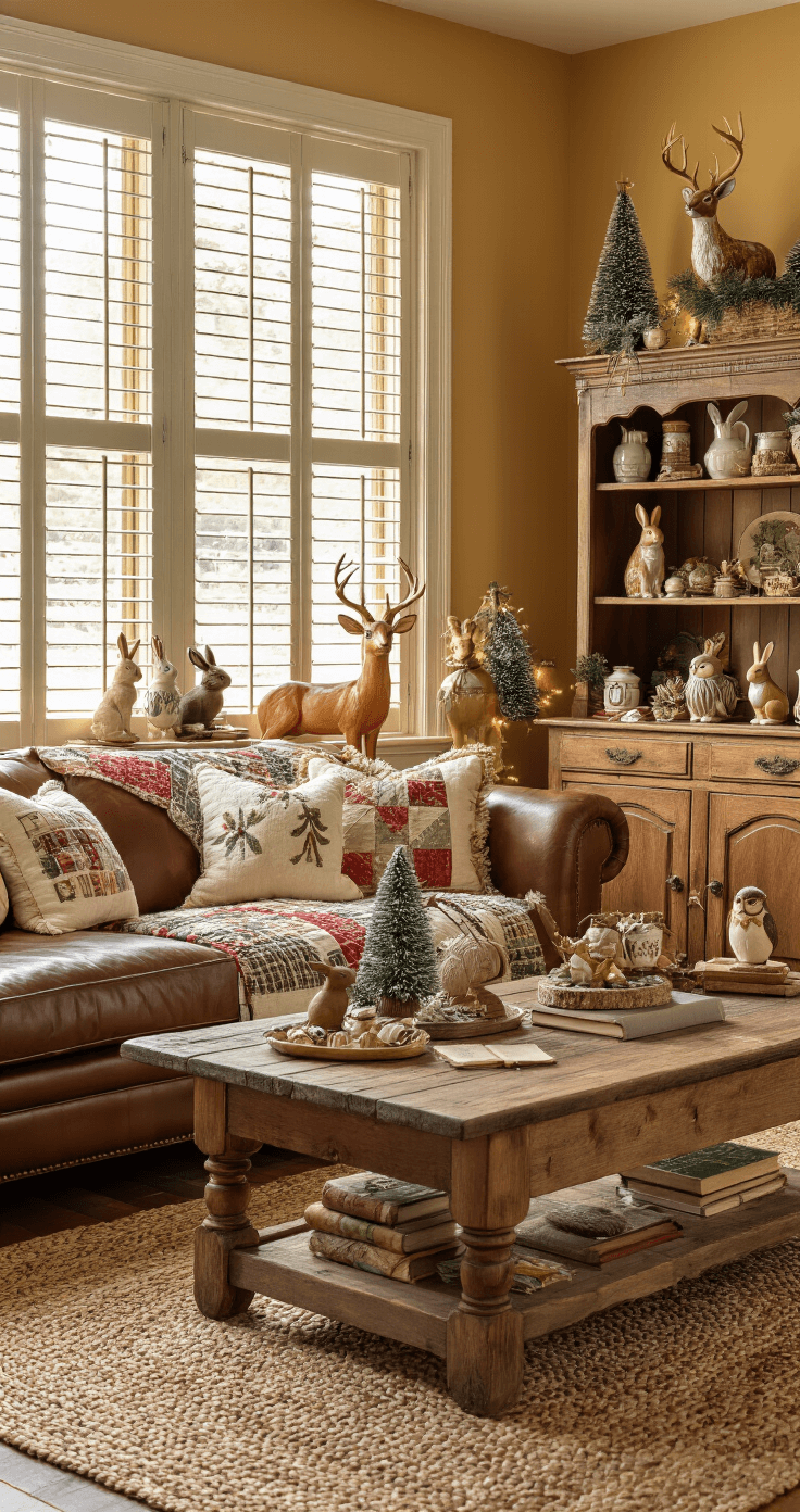 A cozy family room decorated with woodland animal motifs, featuring a vintage wooden hutch with ceramic figurines, a leather sofa adorned with quilts and forest-themed pillows, and ambient lighting from Mason jar fairy lights, all bathed in warm afternoon light.