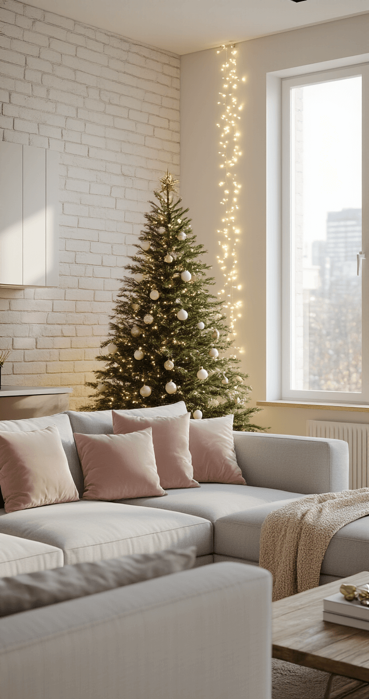 Photorealistic interior of a compact modern apartment living room featuring white walls and large south-facing windows, with warm afternoon sunlight illuminating the space. A slender pre-lit Christmas tree adorned with white and gold ornaments sits on a reclaimed wood side table, surrounded by a light gray sectional sofa accented with blush velvet throw pillows. Warm string lights cascade along an exposed brick accent wall, creating a cozy atmosphere. The image is captured from the kitchen doorway at eye level, with a shallow depth of field focusing on the tree.