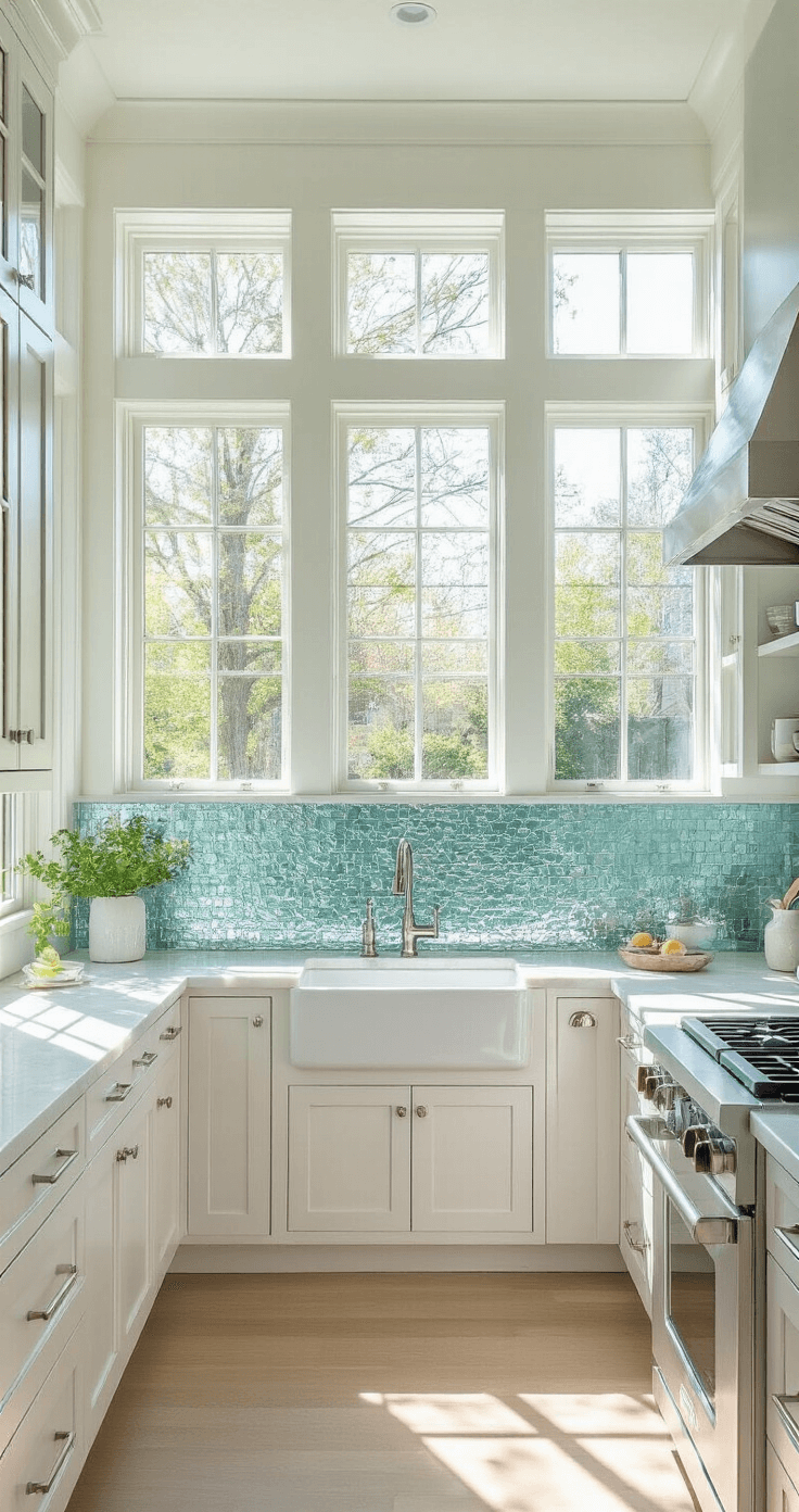 Coastal Kitchen Backsplash: Your Ultimate Guide to Seaside-Inspired Design A spacious, sunlit coastal kitchen featuring white shaker cabinets, an iridescent glass mosaic backsplash in aqua and seafoam, cool white marble countertops, and a farmhouse sink, all illuminated by natural light from large bay windows.