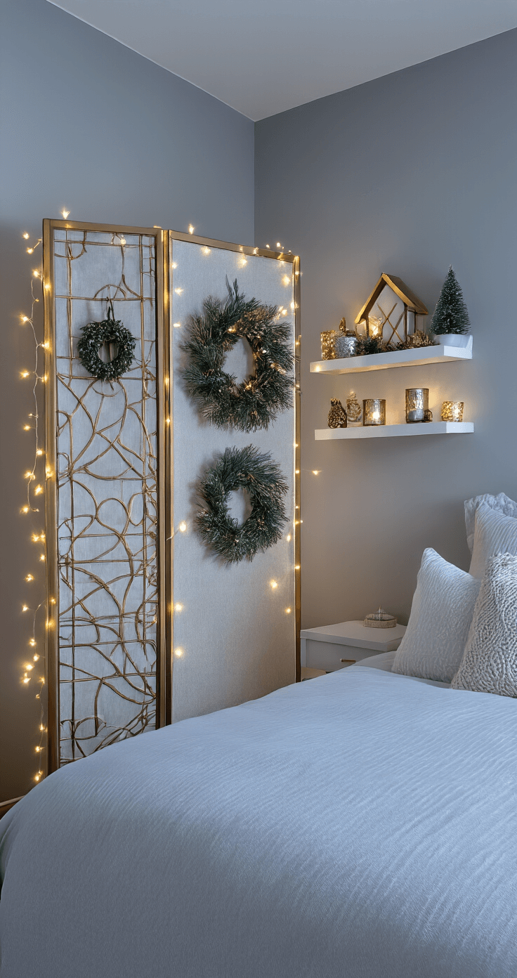 Cozy studio apartment bedroom corner during blue hour, featuring dove gray walls and white trim, a champagne gold folding screen with miniature wreaths, wall-mounted floating shelves with holiday decor, and soft white string lights for ambient lighting, viewed from the bed with a shallow focus on the screen's metallic finish.