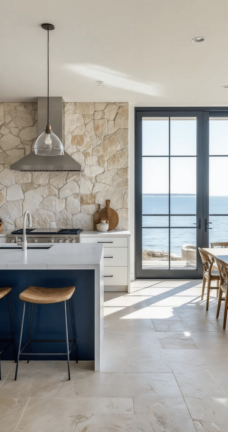 Coastal Kitchen Backsplash: Your Ultimate Guide to Seaside-Inspired Design A modern coastal kitchen featuring a contemporary open-concept design with floor-to-ceiling windows, a textured limestone backsplash, sleek white cabinetry, and a deep blue island, captured from an overhead angle showcasing the geometric interplay of surfaces and strong directional lighting.