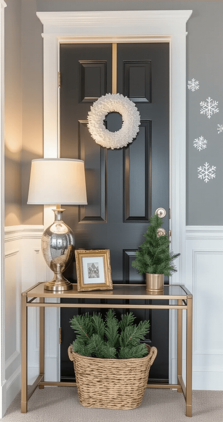 Cozy apartment entryway featuring charcoal gray walls and white wainscoting, with a glossy black front door adorned with a white and gold wreath. A narrow console table displays a mercury glass lamp, a small potted evergreen, and a vintage brass picture frame, alongside removable snowflake wall decals. The scene is lit by warm natural light from windows and tungsten accents, captured at chest height.