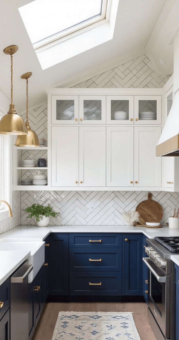 Coastal Kitchen Backsplash: Your Ultimate Guide to Seaside-Inspired Design Galley-style kitchen featuring herringbone-pattern glass tiles in pearl white and pale blue, with navy lower cabinets and white upper cabinets. Warm brass pendant lights illuminate the textured backsplash under a skylight, creating an energetic morning ambiance.