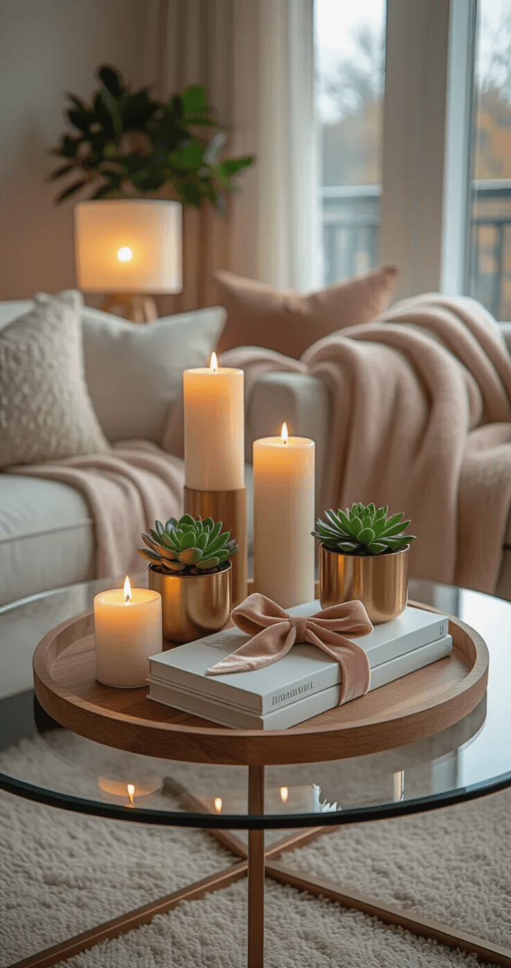 A curated coffee table in a cozy studio apartment, featuring a round glass table topped with a wooden tray holding varied-height battery-operated candles, a small succulent in a gold pot, and tied holiday coffee table books. A soft blush cashmere throw blanket drapes nearby, all illuminated by evening light sources.