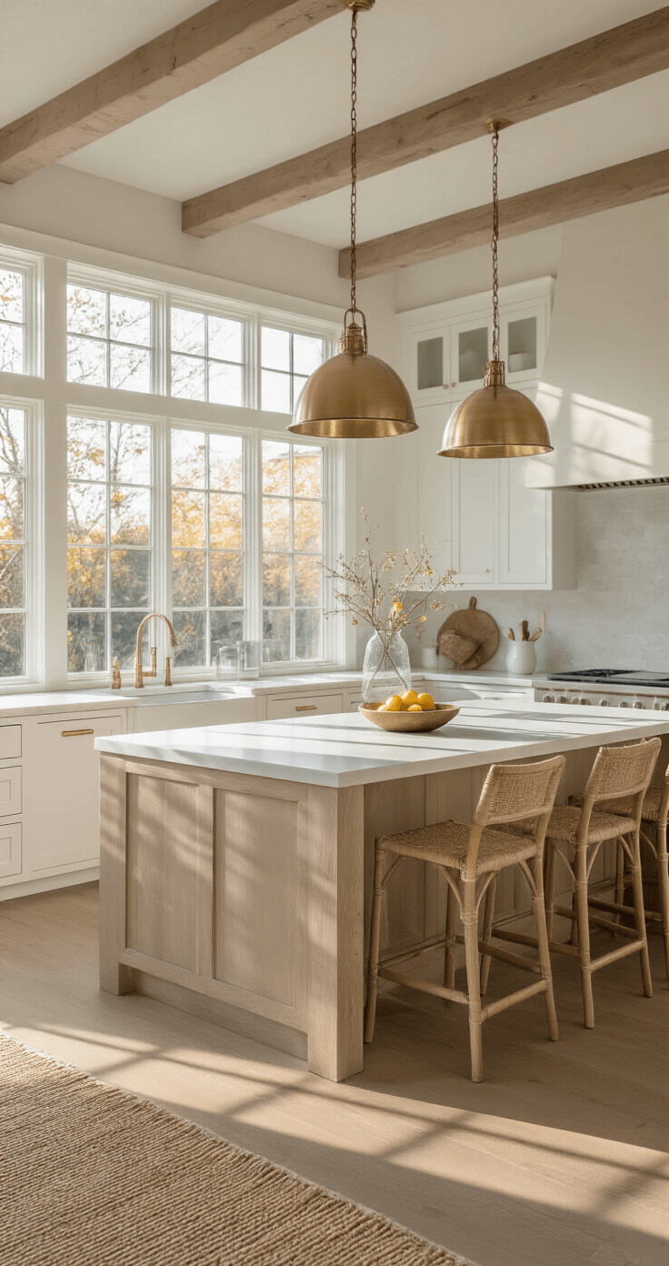 Crafting Your Dream Coastal Modern Kitchen: A Comprehensive Design Guide A sunlit open-concept kitchen featuring a monumental white oak island with waterfall edges, crisp white shaker cabinets against pearl-grey walls, oversized windows, and brushed brass pendant lights. The space is enhanced by layered textures including a jute runner and woven barstools, with minimal coastal accents such as a driftwood bowl with lemons and clear glass vases. The color palette consists of warm whites, natural oak, soft greys, and touches of brass.