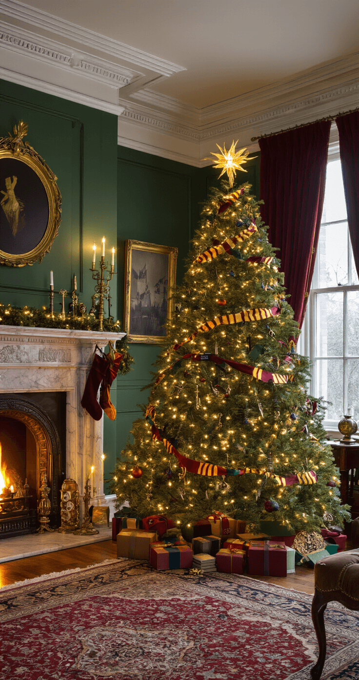 An elegant Victorian drawing room adorned with Harry Potter Christmas decorations, featuring a grand Noble fir tree with a Golden Snitch topper, Hogwarts house ribbons, and magical ornaments, all illuminated by flickering firelight and candlelight, creating an enchanting twilight atmosphere.