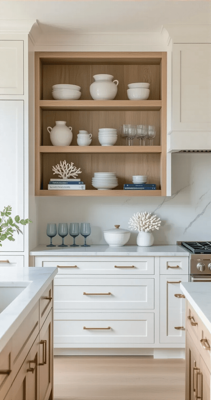 Crafting Your Dream Coastal Modern Kitchen: A Comprehensive Design Guide Close-up of white shaker cabinets with integrated handles in soft afternoon light, showcasing glass-front upper cabinets filled with white ceramics and pale blue glassware, along with natural oak open shelving decorated with coastal-style accents, a honed marble backsplash, and a shallow depth of field emphasizing cabinet details.