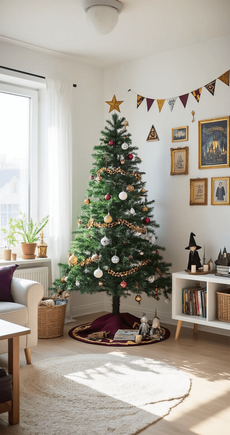 A budget-friendly Harry Potter-themed living space with a 5-foot tree in Hogwarts colors, thrift store decorations, DIY house banners, and styled Ikea furniture, all bathed in bright morning light.