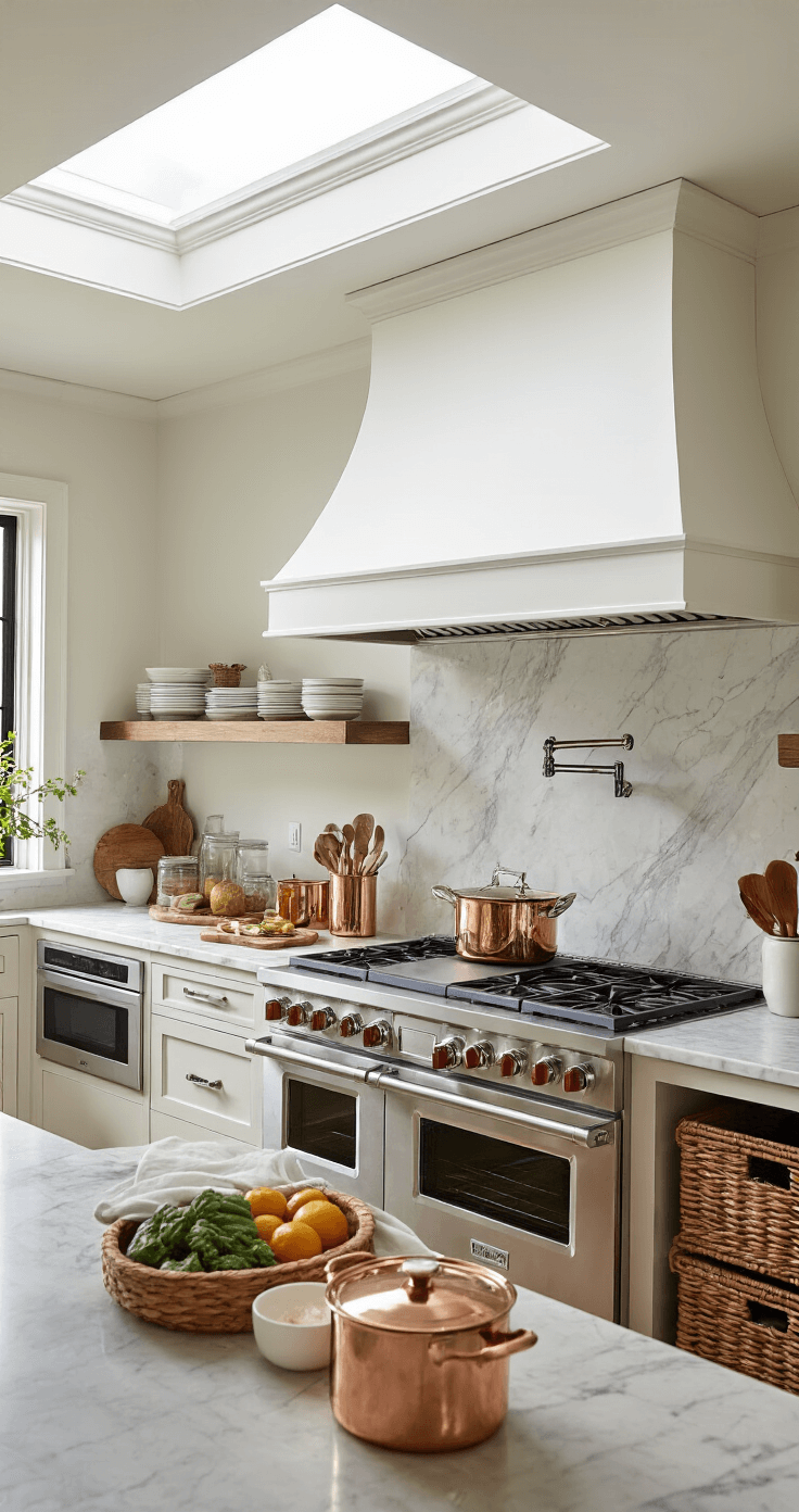 Crafting Your Dream Coastal Modern Kitchen: A Comprehensive Design Guide Dynamic kitchen scene featuring a professional range with a custom white hood, illuminated by natural light from a skylight. Marble countertops display organized cooking mise en place, with warm copper cookware accents. Integrated appliances ensure a sleek appearance, while woven baskets store fresh produce, all captured from a functional working height in cool morning light.