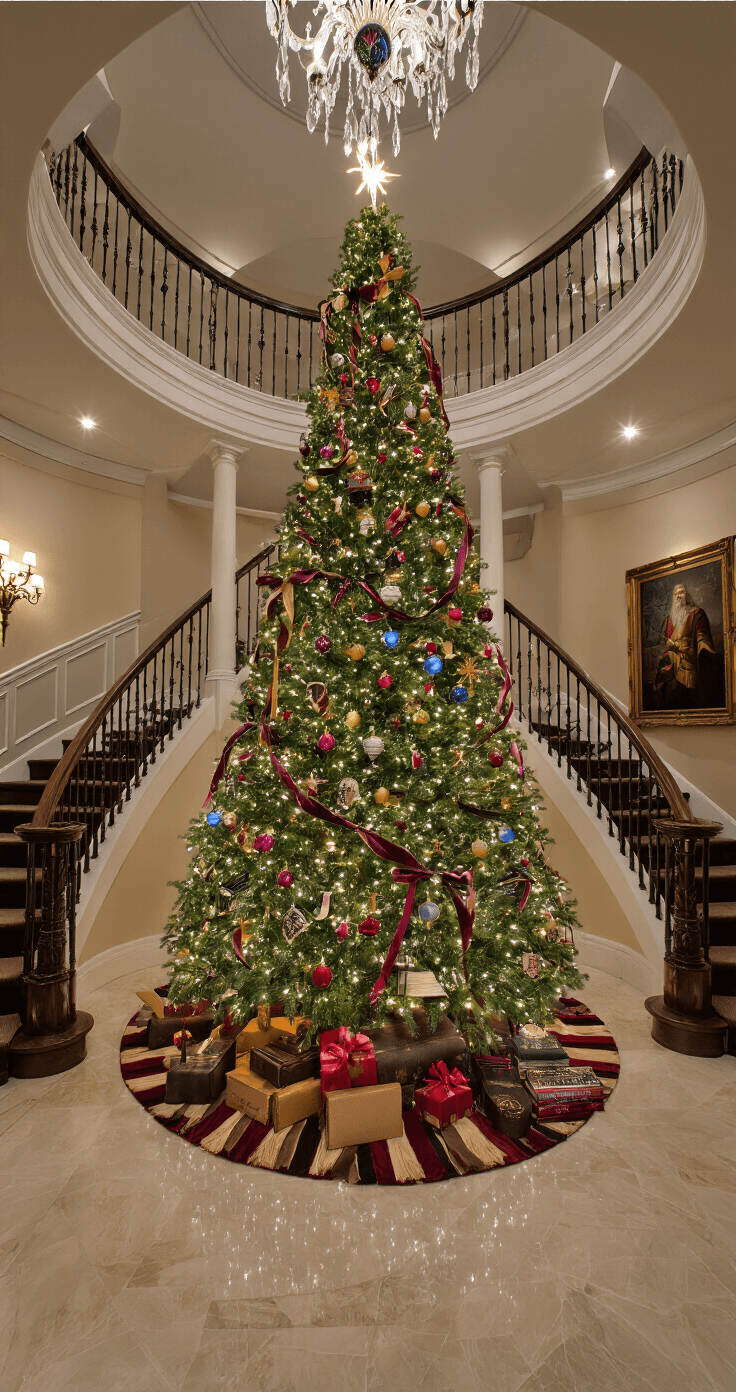 A grand foyer featuring a spectacular 12-foot Harry Potter-themed Christmas tree adorned with Hogwarts house colors, storytelling ornaments, and hidden LED lights, with polished marble floors and a curved staircase, all illuminated during magical twilight hour.