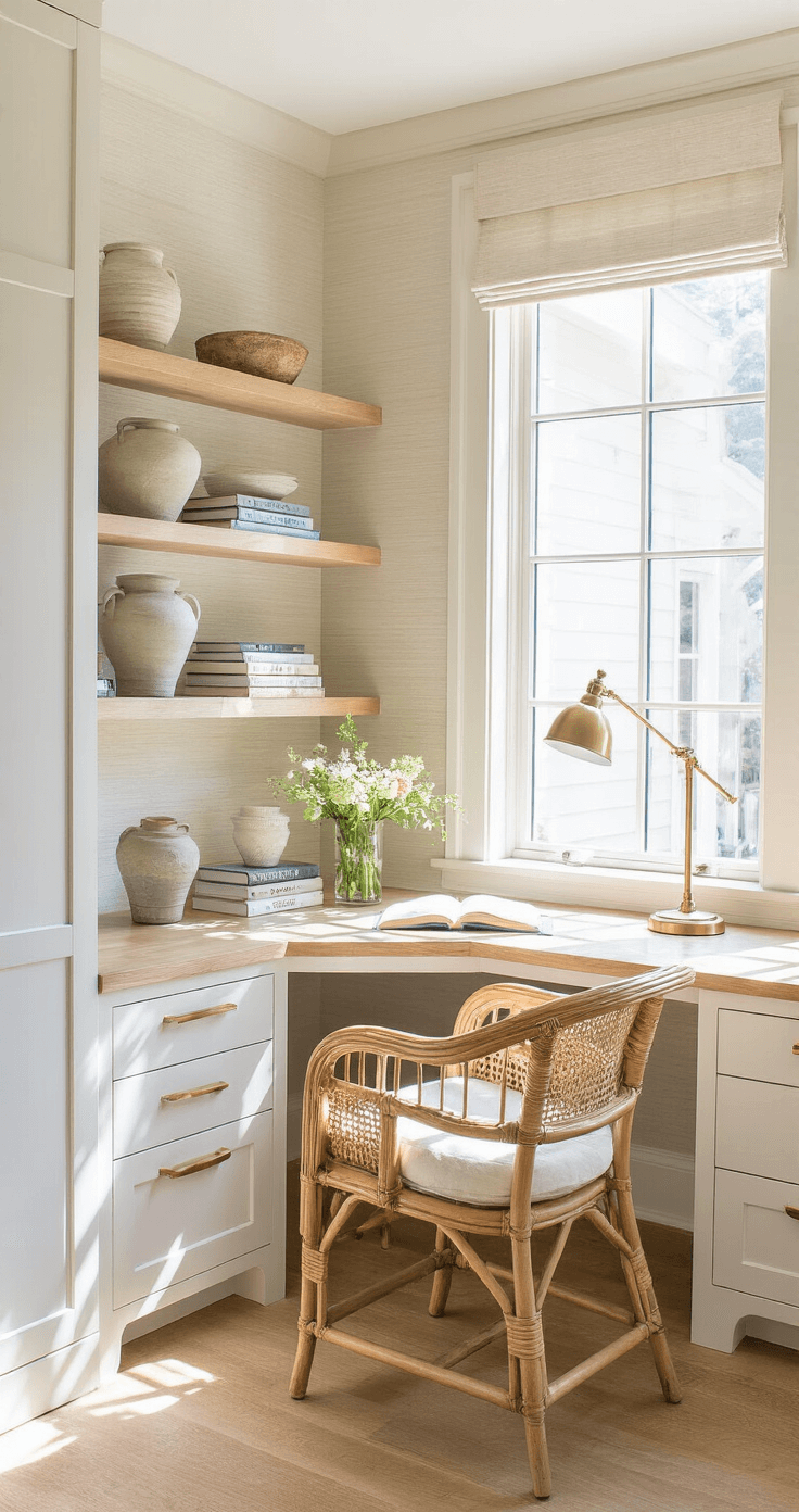 Crafting Your Dream Coastal Modern Kitchen: A Comprehensive Design Guide Bright corner office nook with built-in white oak desk, rattan chair, and brass lamp, featuring coastal pottery on floating shelves and grasscloth wallcovering, illuminated by morning light casting shadows. Fresh flowers add a color accent.