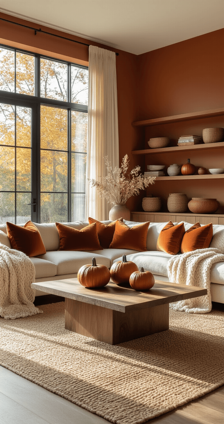 A modern living room with warm afternoon sunlight, featuring a mid-century sofa with cream throws and autumn-toned pillows, a walnut coffee table with ceramic pumpkins and eucalyptus, a jute rug, and woven baskets in built-in shelves, all creating a cozy, sophisticated atmosphere.
