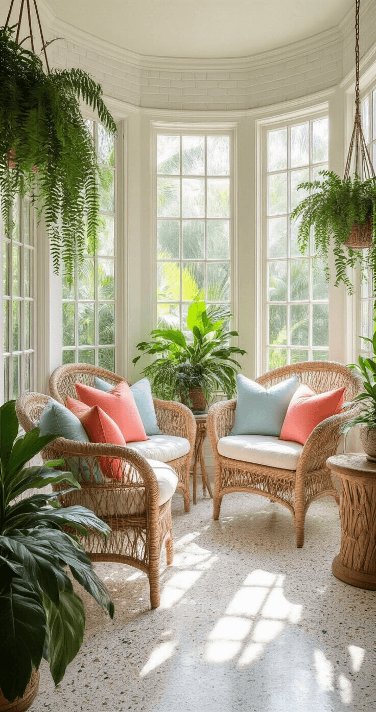 Sunshine State Style: Crafting the Perfect Florida Home Decor Intimate Florida sunroom featuring wrap-around windows, white-painted brick walls, and rattan peacock chair with weathered teak side table, adorned with coral and pale blue throw pillows, hanging ferns, and orchids, all illuminated by soft morning light on terrazzo flooring.