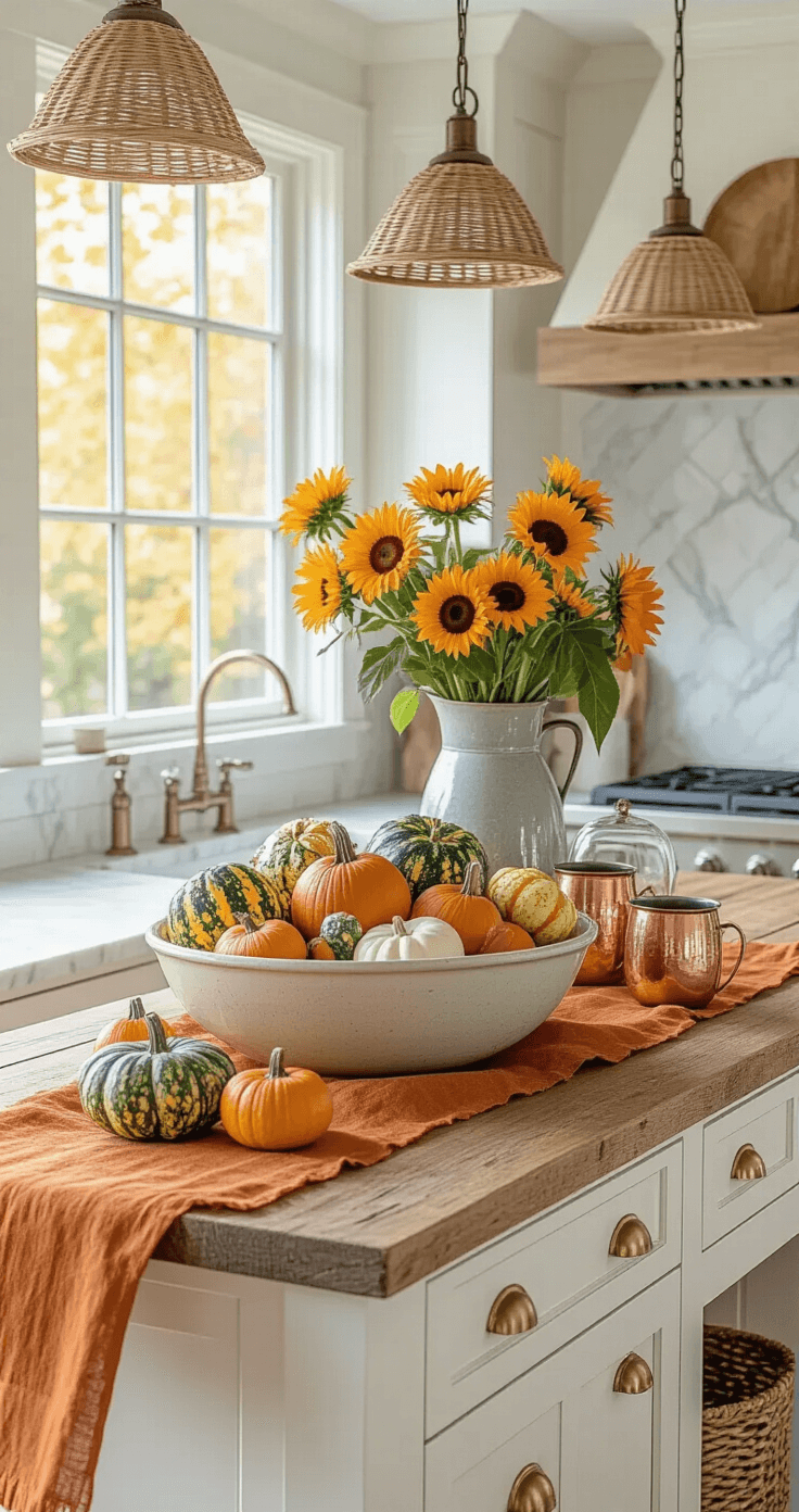 A sunlit kitchen island adorned for autumn, featuring reclaimed wood, white shaker cabinets with brass accents, a bowl of gourds and mini pumpkins, a burnt orange linen runner, copper mugs, and sunflowers in a galvanized pitcher, all under warm pendant lighting with a backdrop of fall foliage.