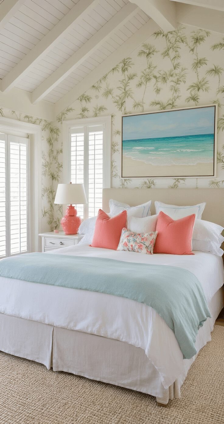 Sunshine State Style: Crafting the Perfect Florida Home Decor Spacious master bedroom with vaulted ceiling, French doors to veranda, twilight glow through plantation shutters, king bed with white linens and blue throws, coral table lamps on nightstands, oversized seascape artwork, and natural fiber wallcovering.