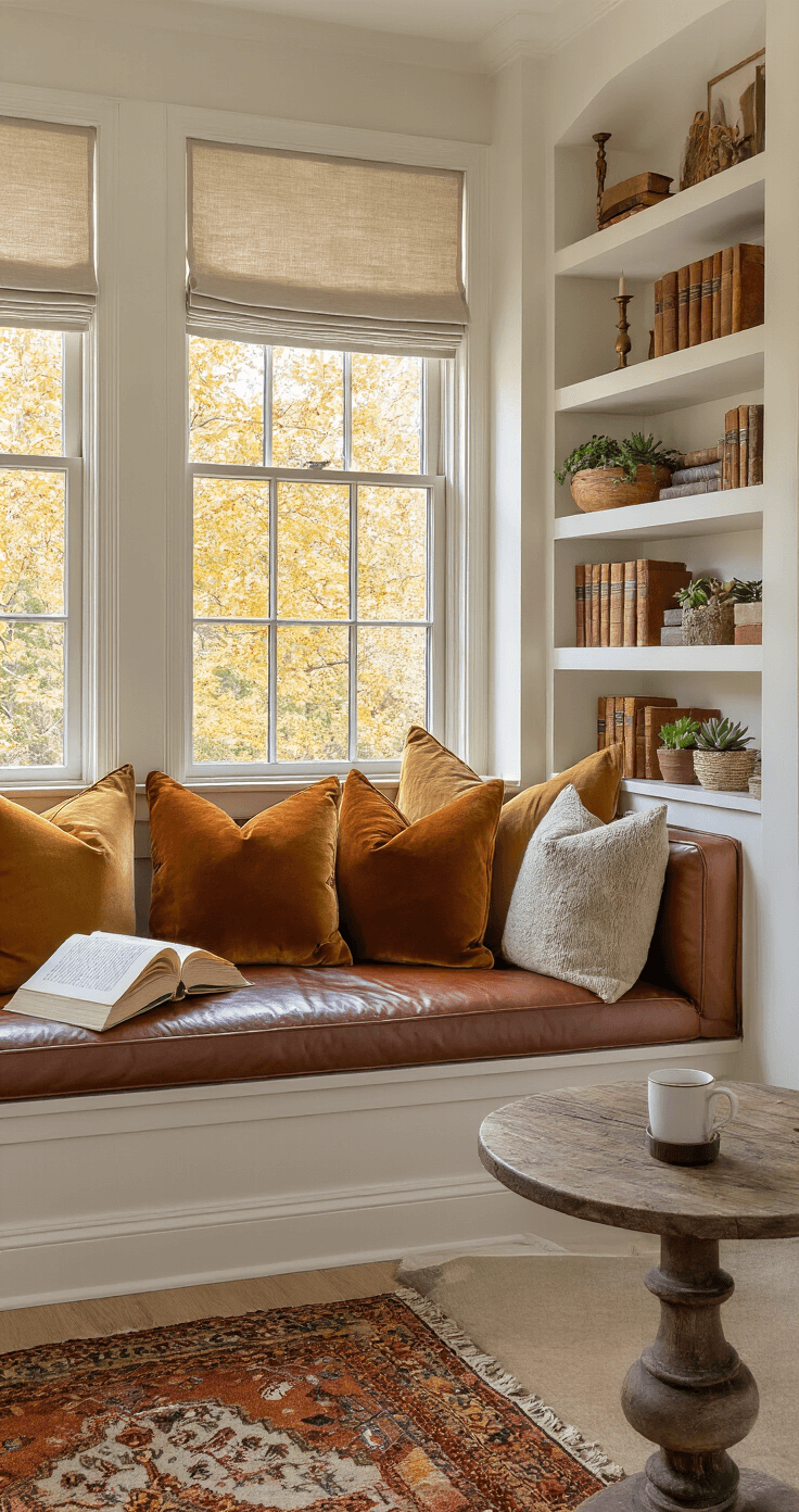 Cozy autumn reading nook featuring a built-in window seat with cognac leather cushions, vibrant throw pillows, floating shelves with books and succulents, a vintage kilim rug, and warm lighting, framed by casement windows overlooking fall foliage.